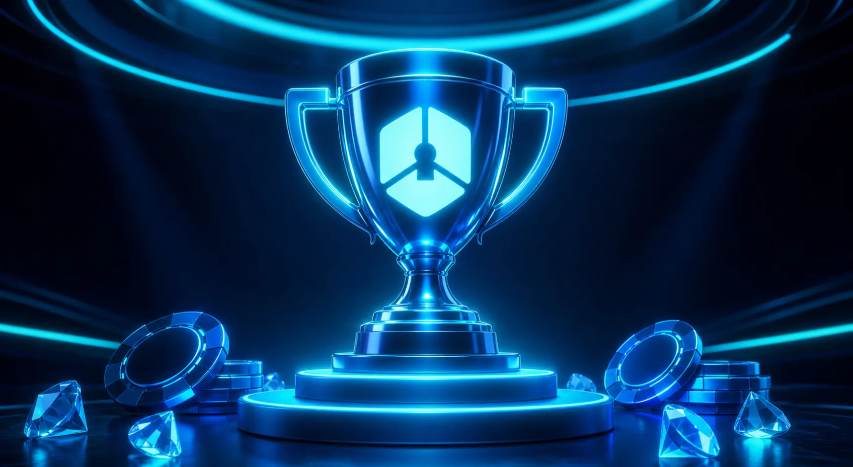 Gold leaderboard trophy and winners podium